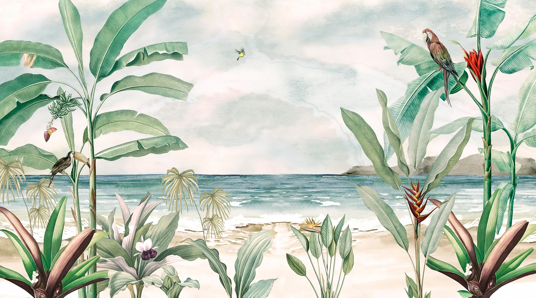 A painting of a beach with plants and a bird flying