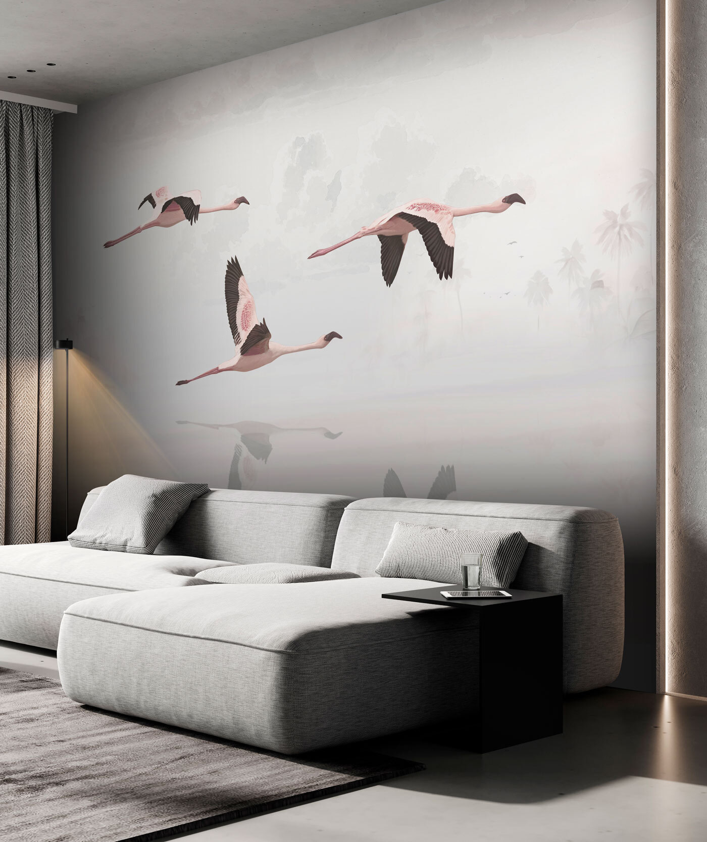 A group of flamingos flying over water