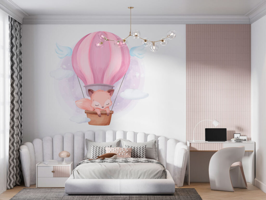 A cartoon fox in a hot air balloon