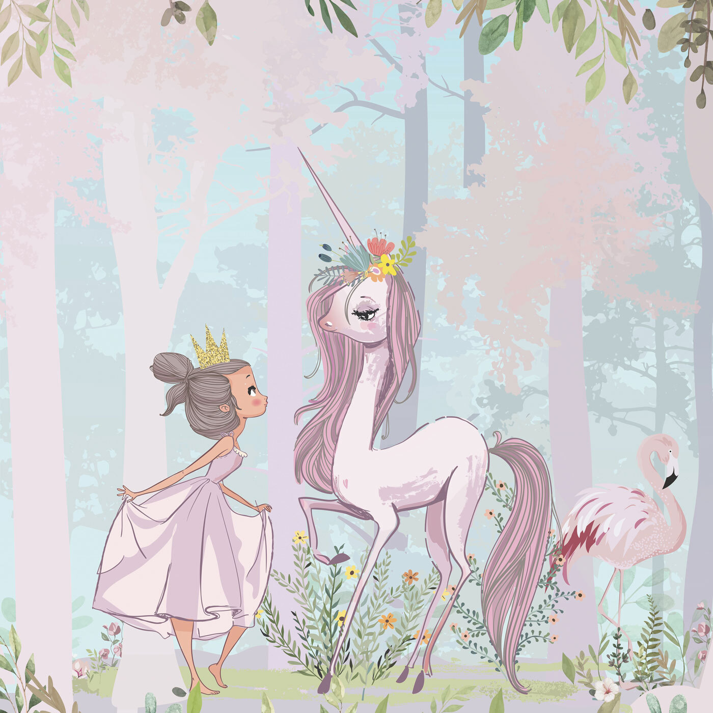 A cartoon of a girl and a unicorn in a forest
