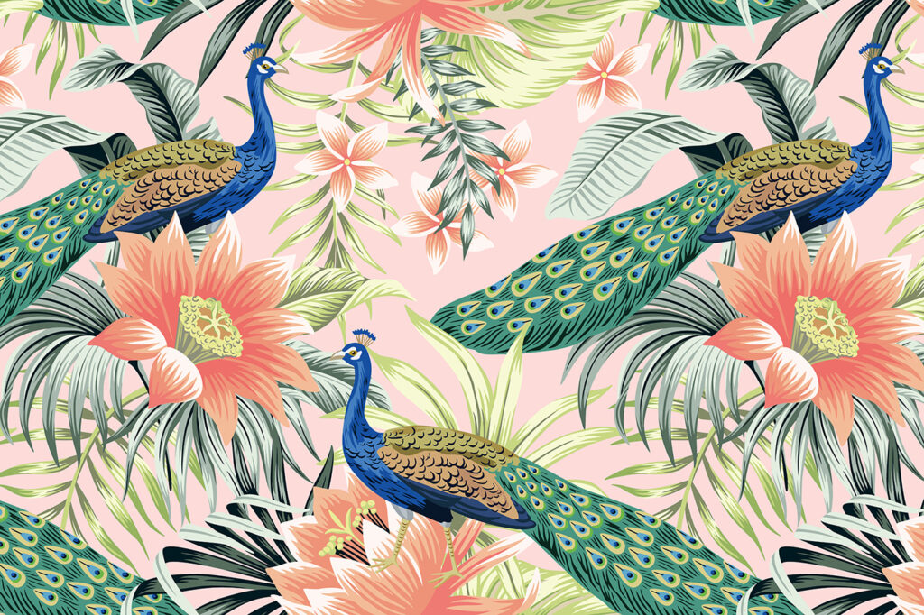 Colorful peacocks and flowers