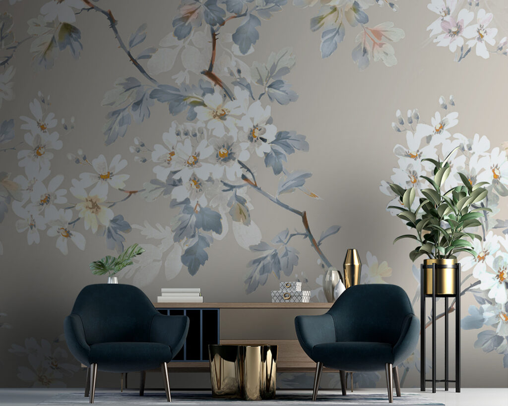 Floral pattern of white flowers and blue leaves