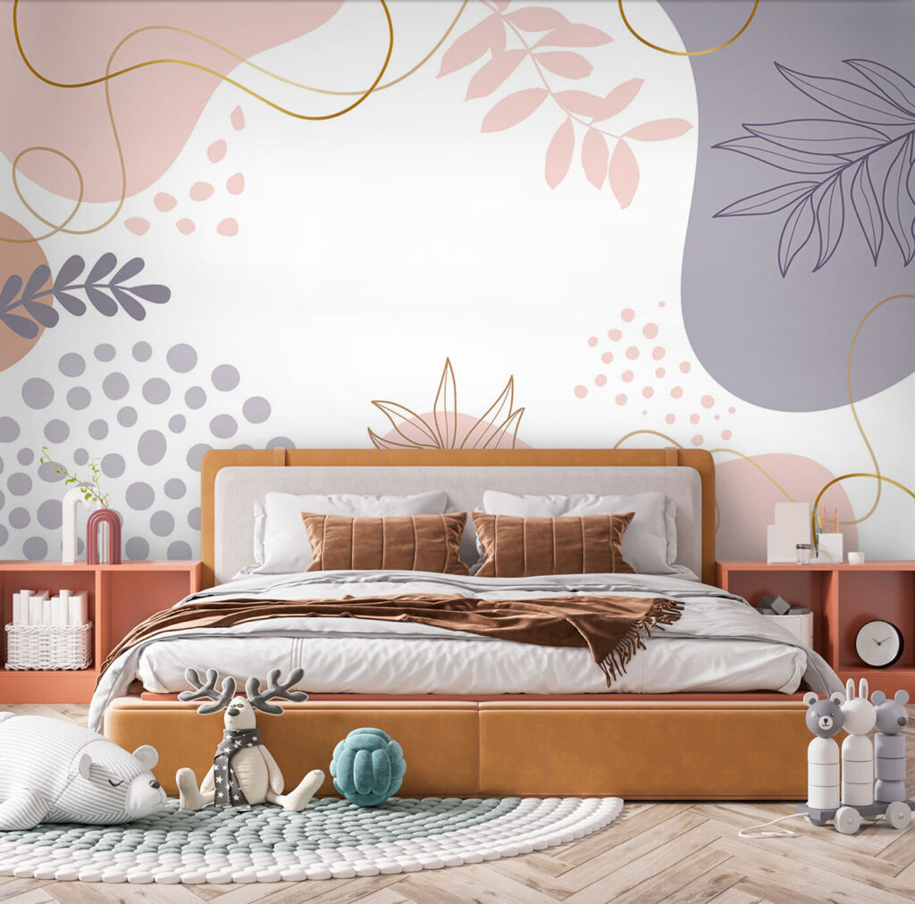 White background with pink and blue and purple shapes and leaves