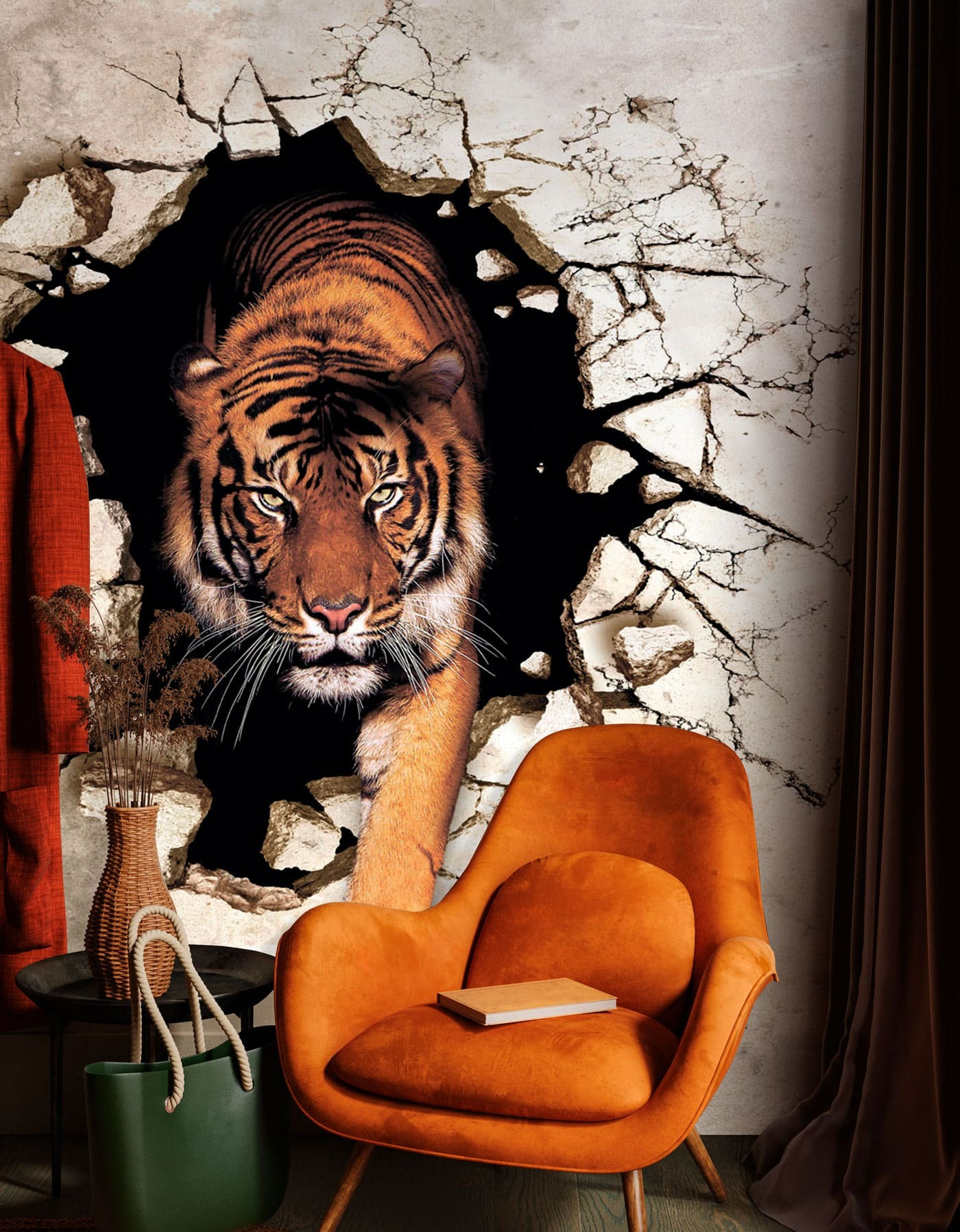 Tiger coming out of a hole in a wall Tiger coming out of a hole in a wall