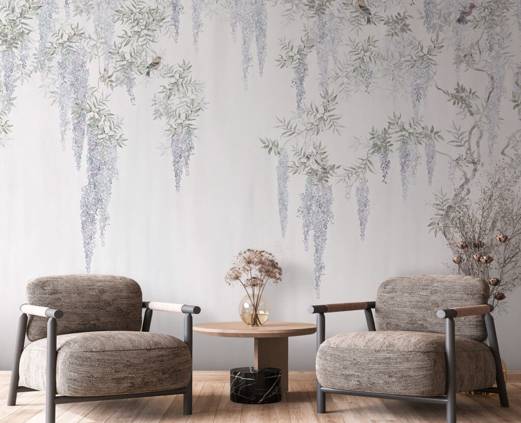 Wallpaper with flowers and birds