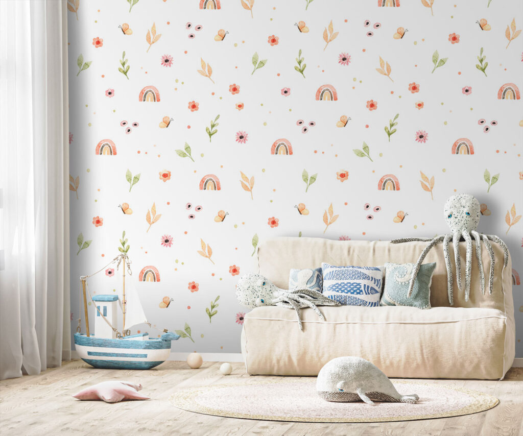 Pattern of flowers and rainbows