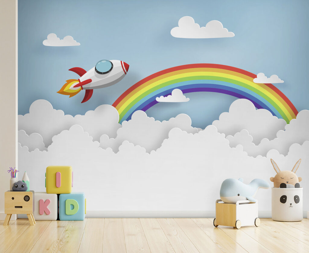 Rocket flying in the sky with clouds and rainbow