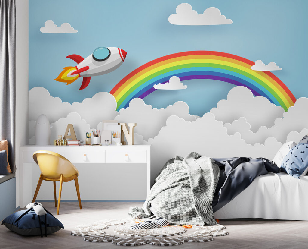 Rocket flying in the sky with clouds and rainbow