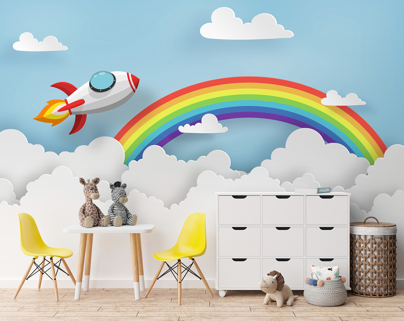 Rocket flying in the sky with clouds and rainbow
