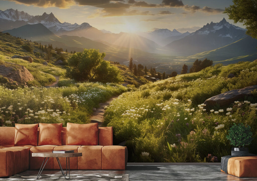 Path through a grassy field with mountains in the background Path through a grassy field with mountains in the background