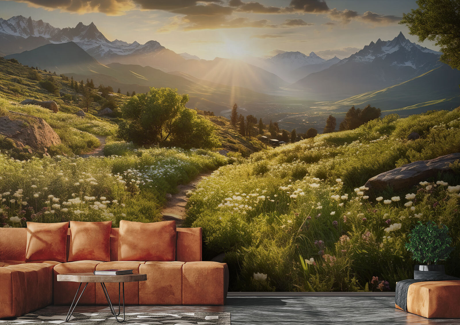 Path through a grassy field with mountains in the background Path through a grassy field with mountains in the background