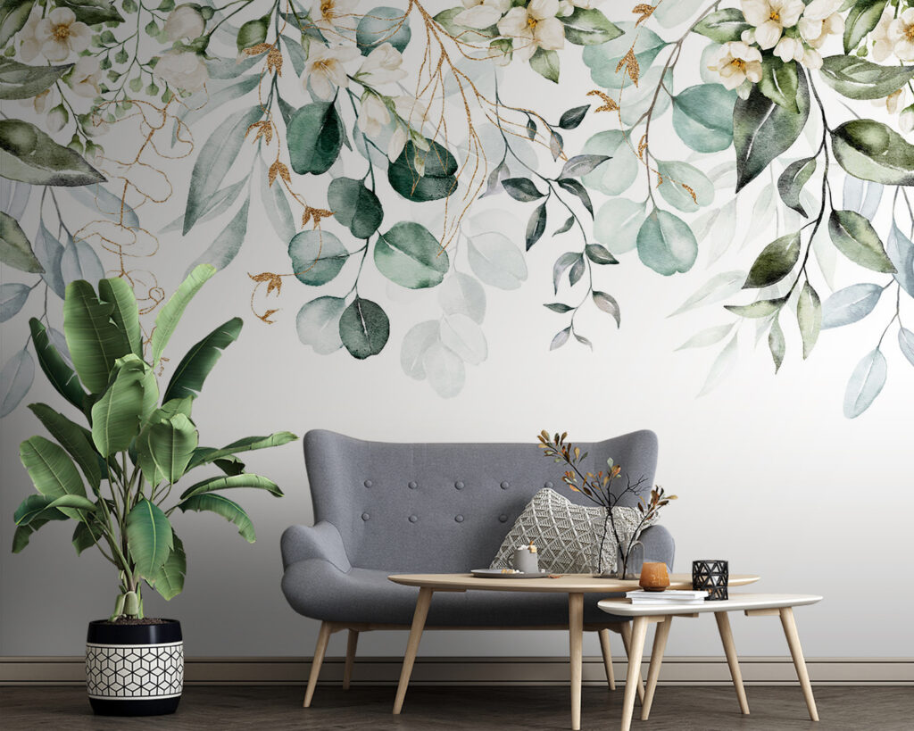 Watercolor painting of leaves and flowers