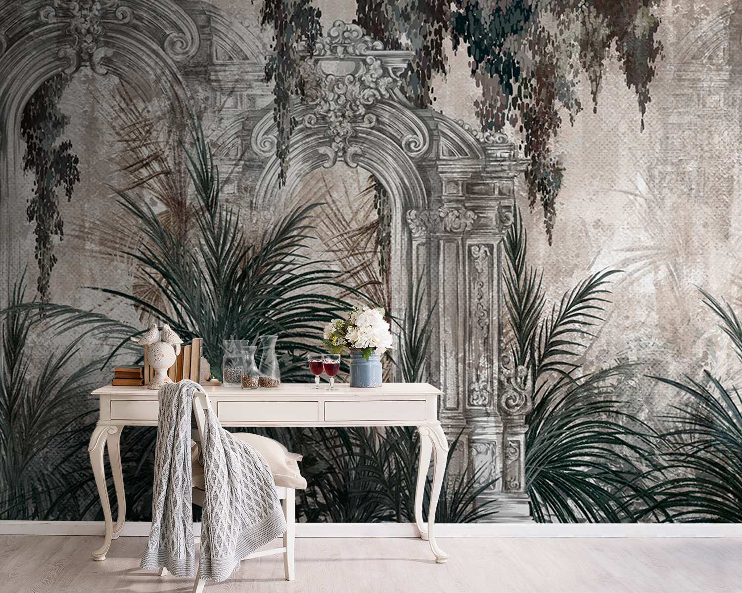 Painting of a stone arch with plants