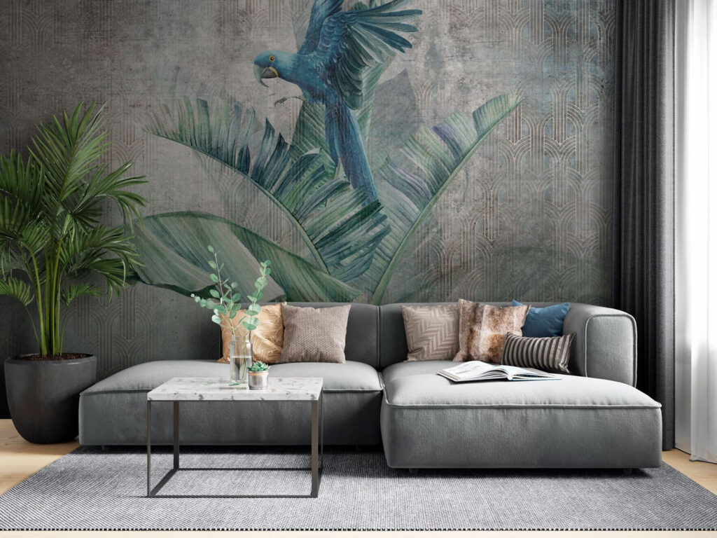 Blue parrot on a banana leaf