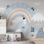 Ταπετσαρίες Σκιτσογραφία ενός δρόμου με σπίτια και ουράνιο τόξο