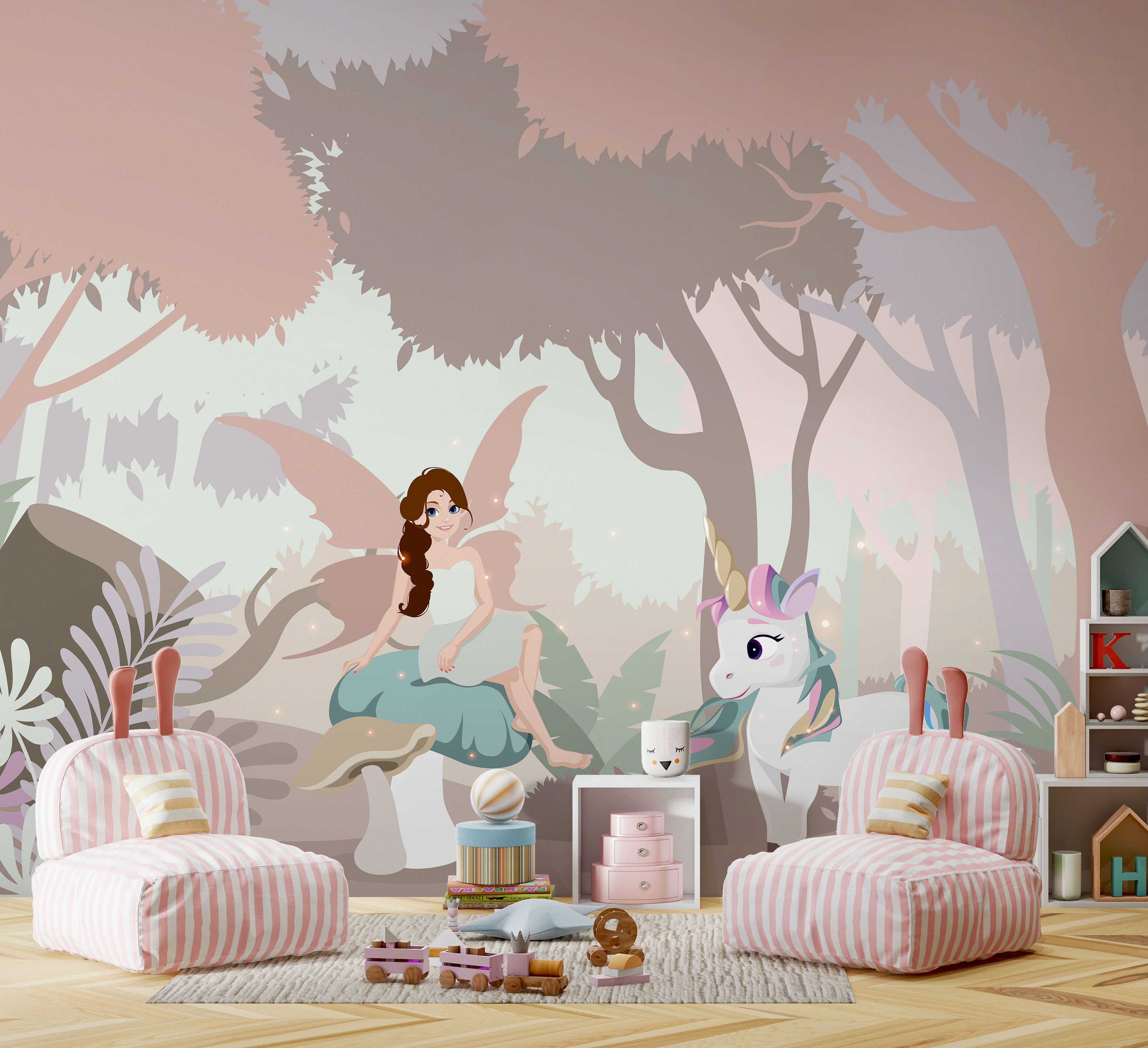 Cartoon of a woman sitting on a mushroom with a unicorn