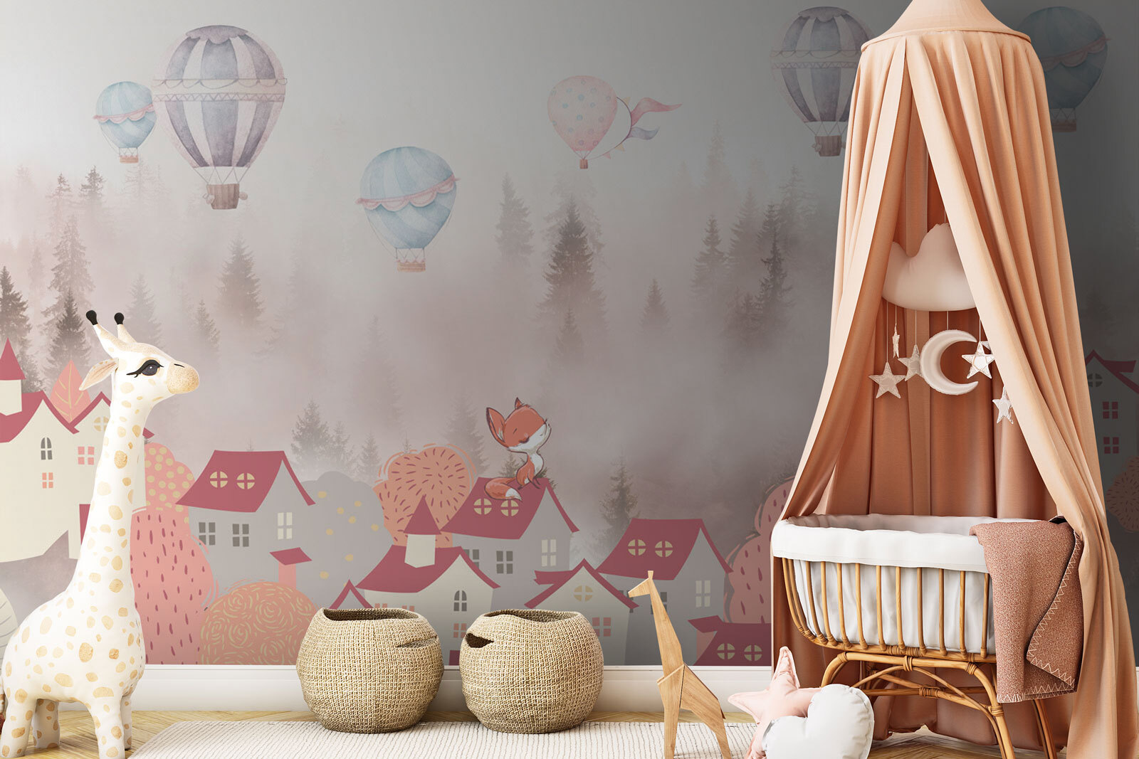 u94690pir1m - Γελοιογραφία μιας αλεπούς στην ταράτσα μιας πόλης με αερόστατα θερμού αέρα - tegory