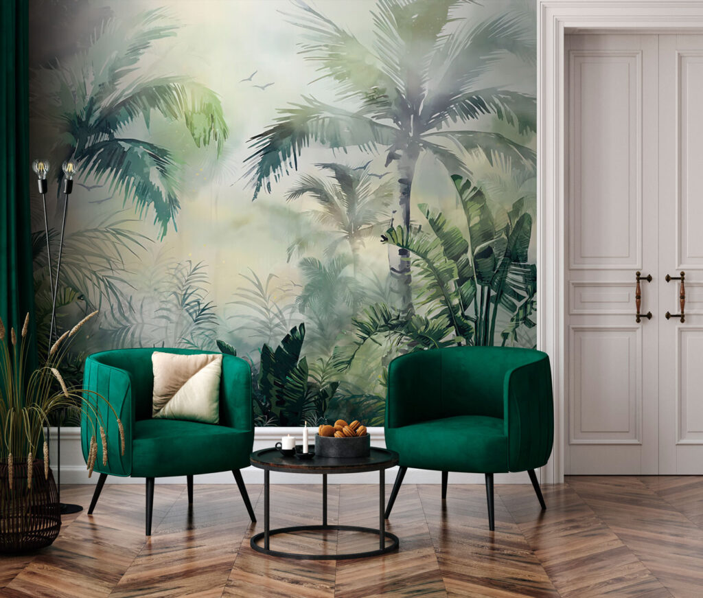 Foggy forest with palm trees