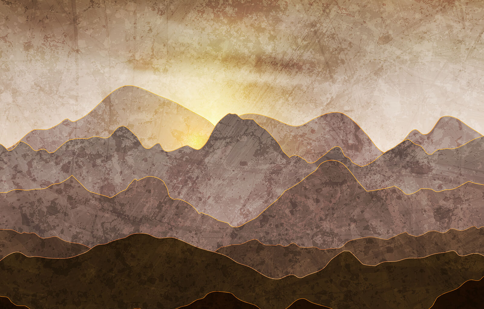 Painting of mountains and sun