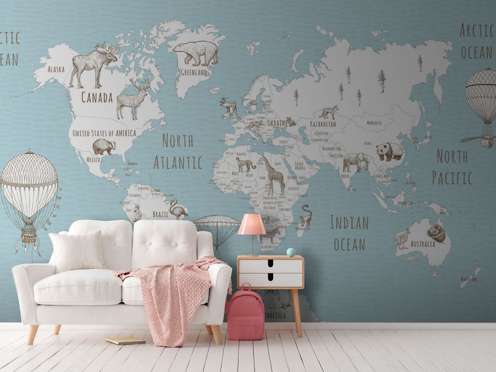 Map of the world with animals Map of the world with animals