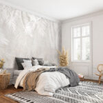 Ταπετσαρίες Λευκά φύλλα σε γκρίζα επιφάνεια