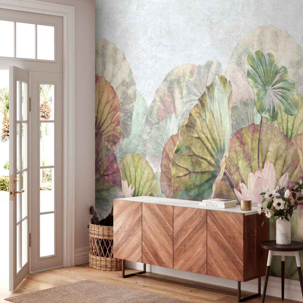 Delicate water lily leaves and blossoms