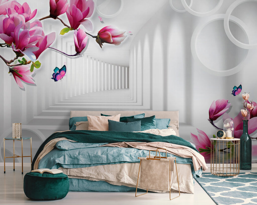 Wallpaper with pink flowers and butterflies