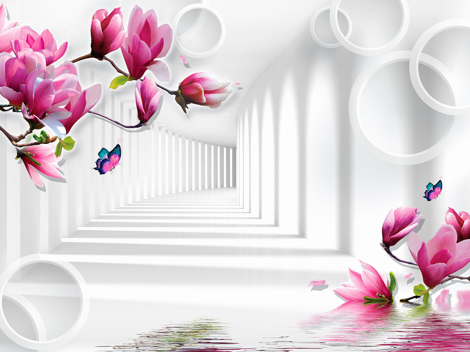 Wallpaper with pink flowers and butterflies