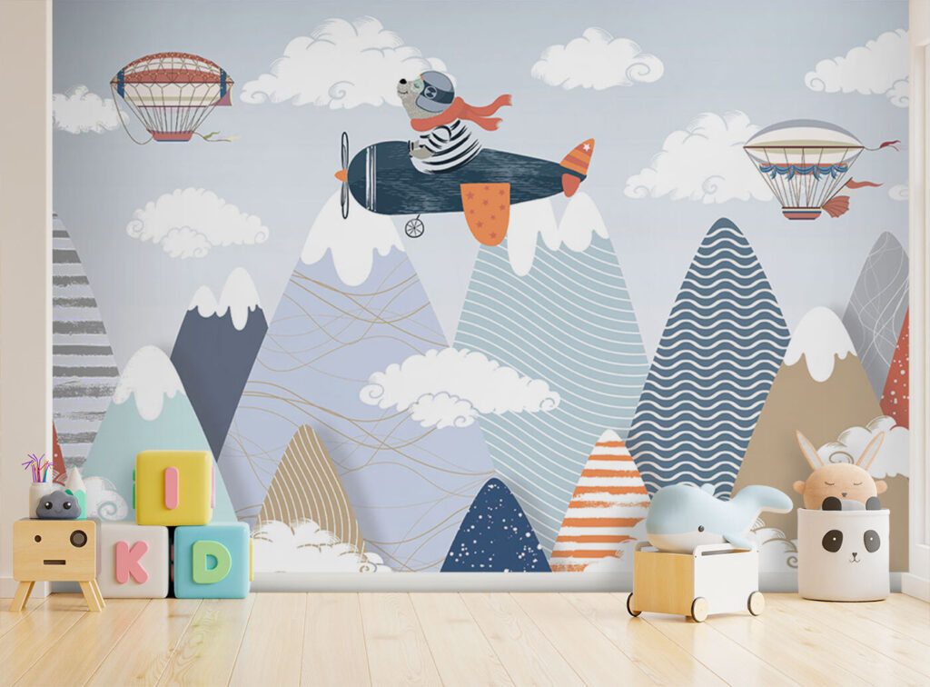 Cartoon bear flying on an airplane