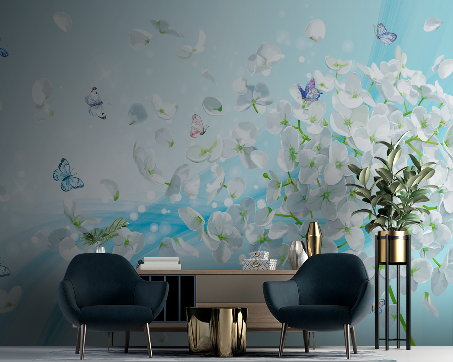 u93477pig10m - Λευκά λουλούδια με πεταλούδες που πετούν - tegory