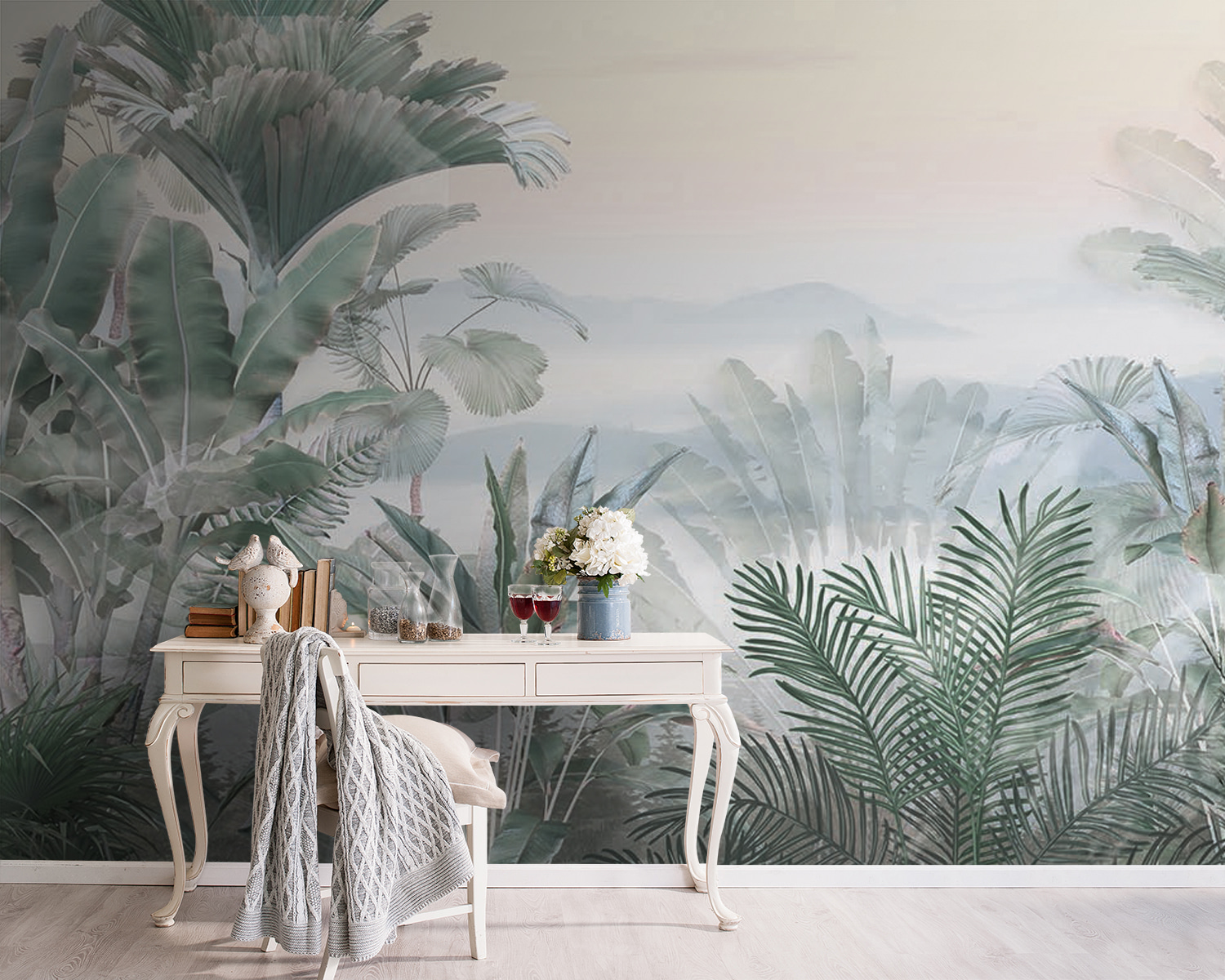 Foggy landscape with plants