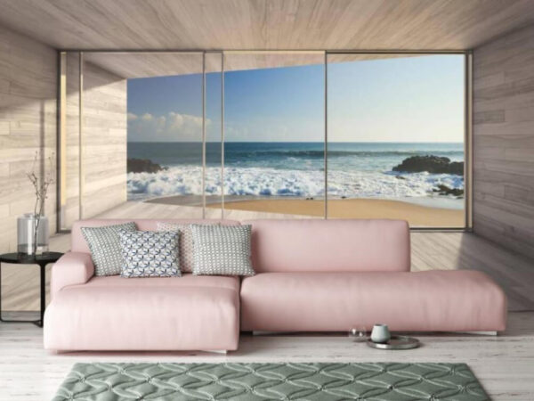 Room with large glass doors and a beach view Room with large glass doors and a beach view