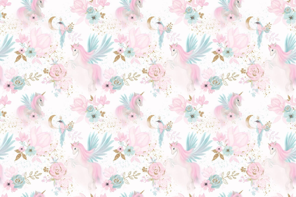 Pattern of pink and blue unicorns and flowers