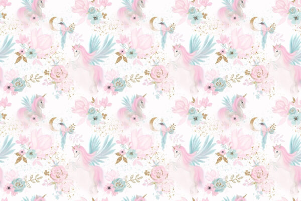 Pattern of pink and blue unicorns and flowers