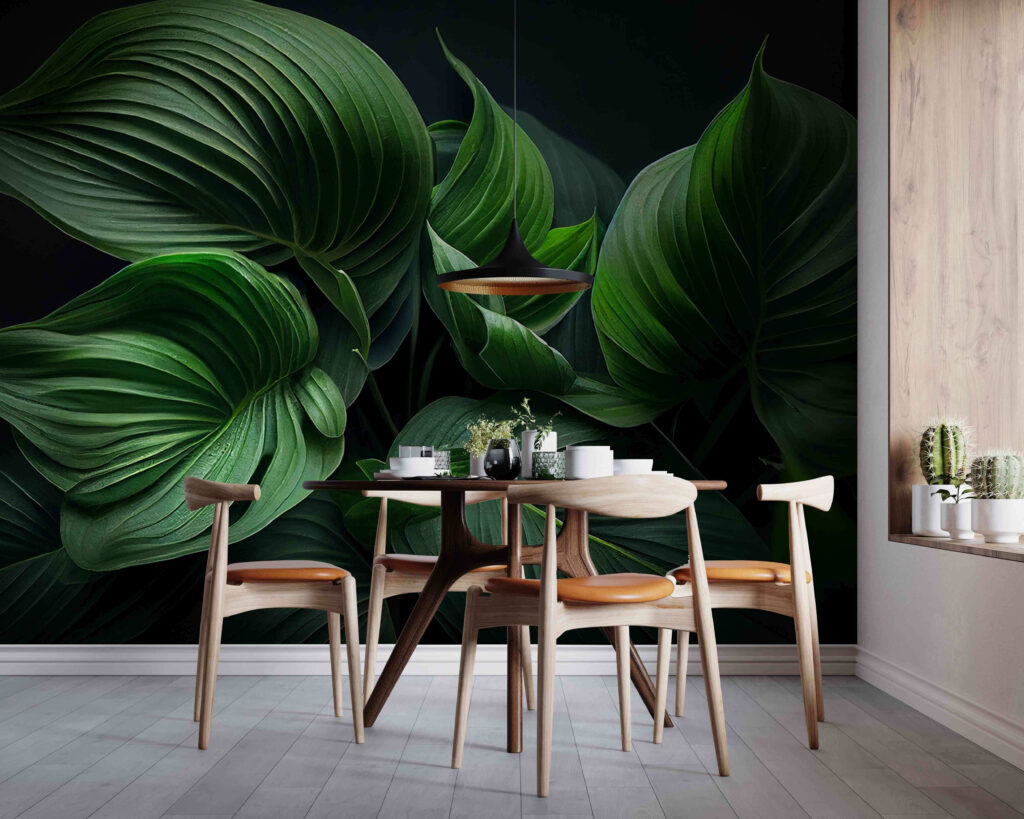 Lush green leaves in serene darkness