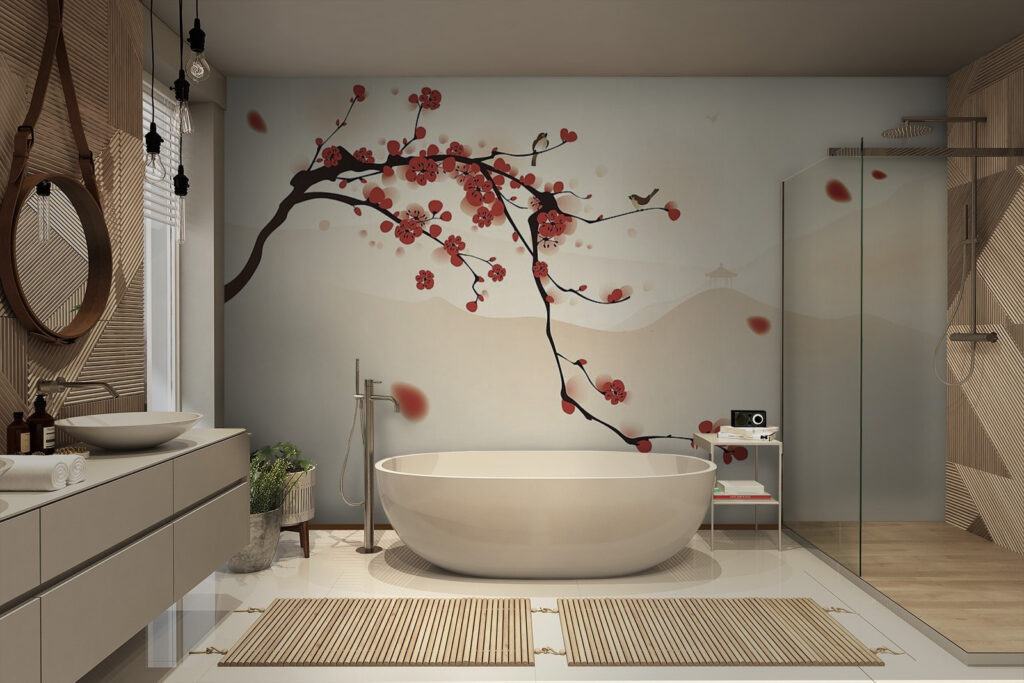 Branch with red flowers and birds flying in the sky Branch with red flowers and birds flying in the sky