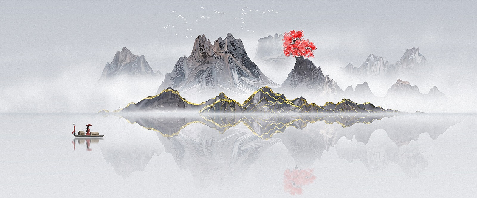 u72981p - Οροσειρά με ένα κόκκινο δέντρο στη μέση του νερού - tegory