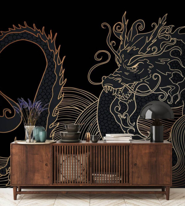 Mystical dragon swirling in darkness