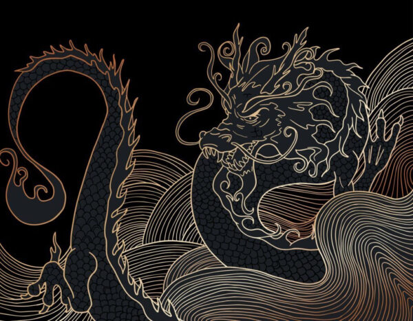 Mystical dragon swirling in darkness