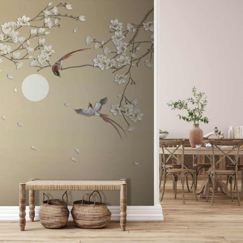 Tree with white flowers and birds