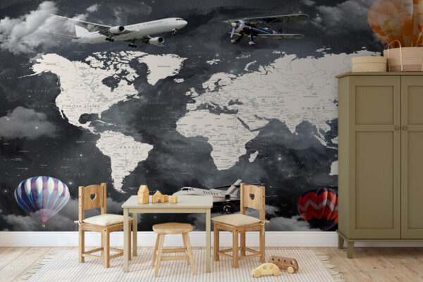 Map of the world with airplanes and hot air balloons Map of the world with airplanes and hot air balloons