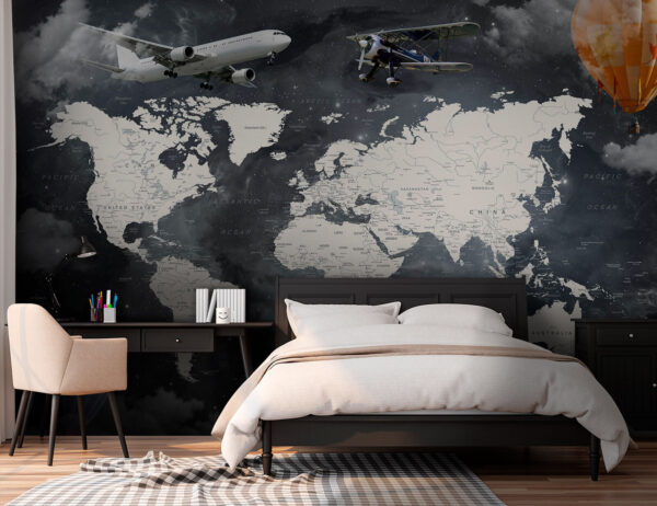 Ταπετσαρίες Χάρτης του κόσμου με αεροπλάνα και αερόστατα θερμού αέρα
