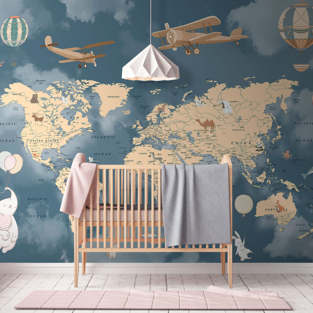 Map of the world with airplanes and balloons