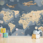 Ταπετσαρίες Χάρτης του κόσμου με αεροπλάνα και μπαλόνια