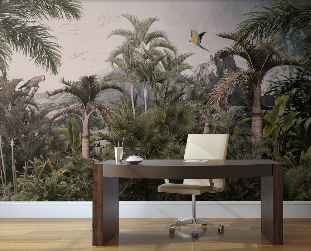 Tropical forest with palm trees and a bird flying