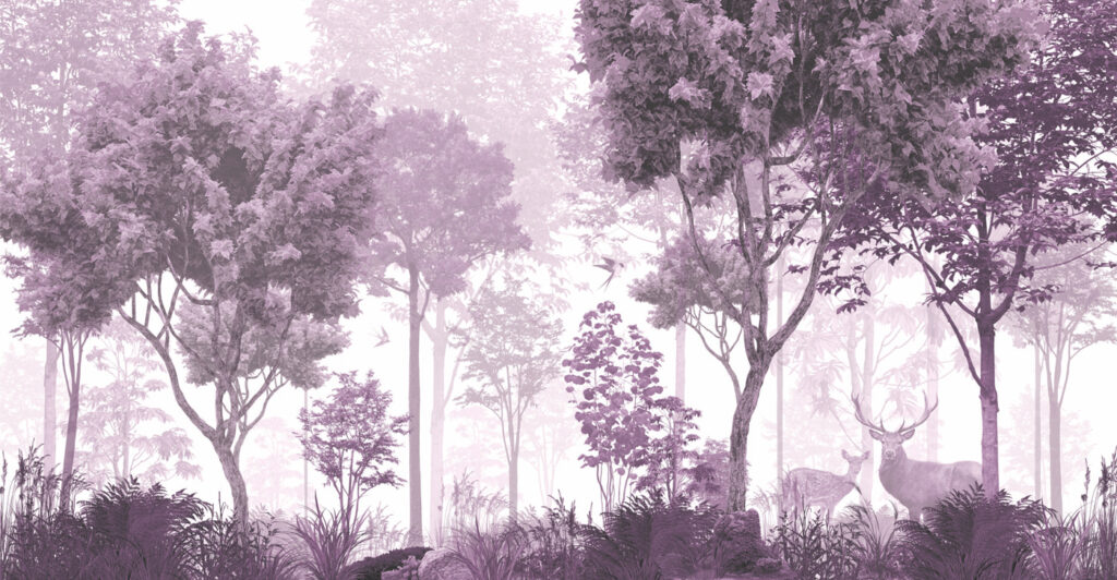A purple and white image of trees and plants