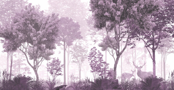 A purple and white image of trees and plants