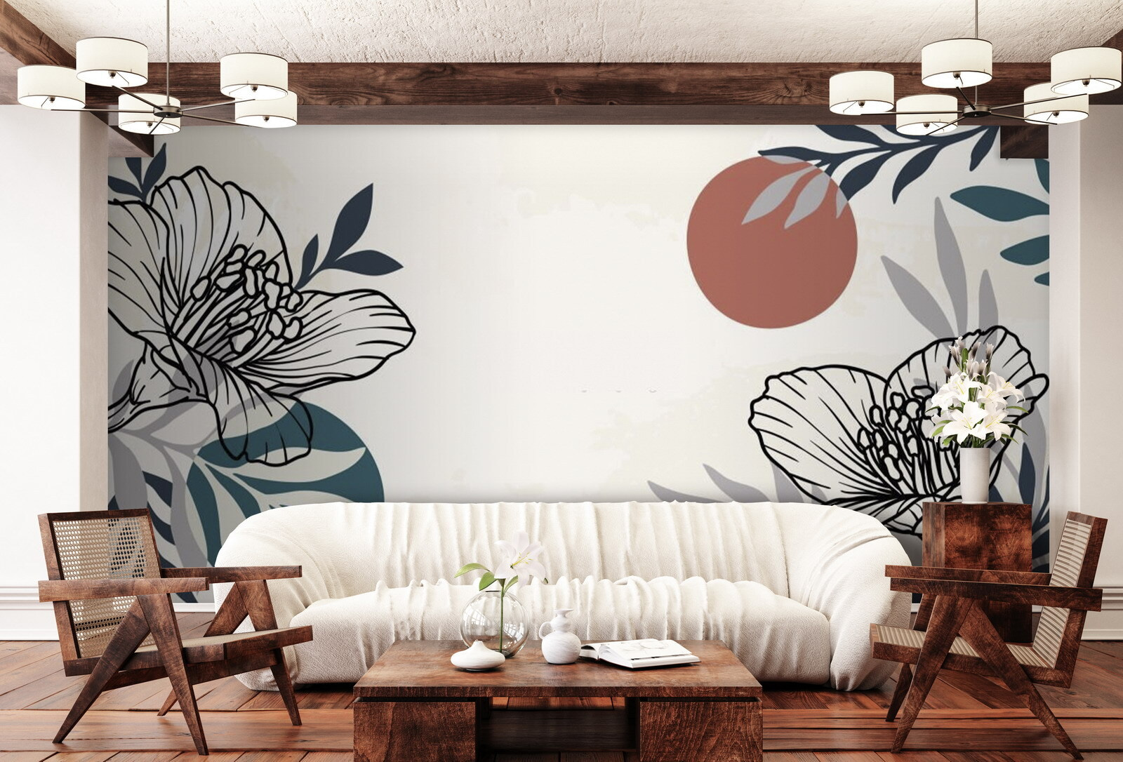 u71814pig1m - Λευκό φόντο με μαύρα και λευκά λουλούδια και φύλλα - tegory