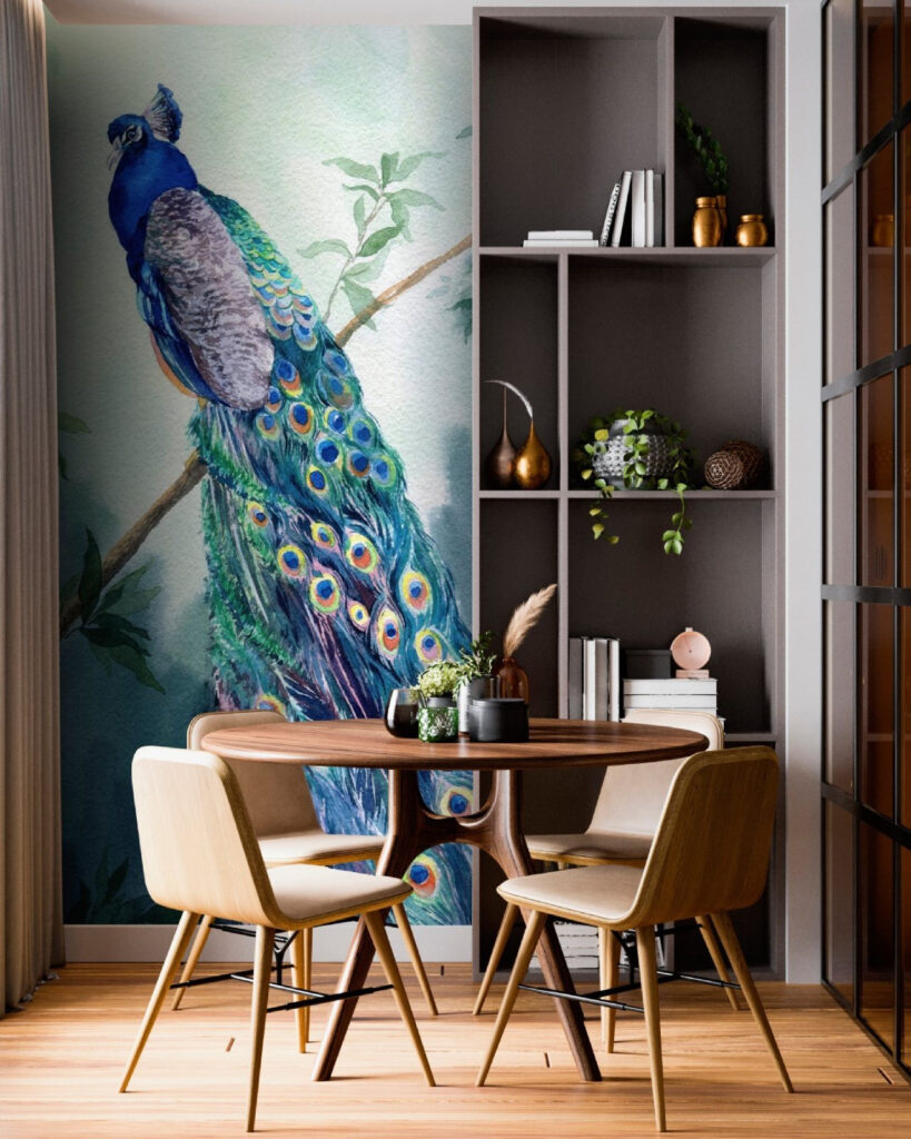 Watercolor of a peacock on a branch