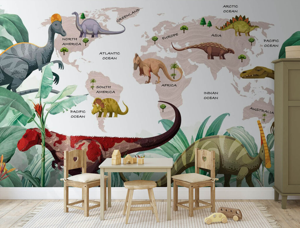 Map of dinosaurs with plants and names